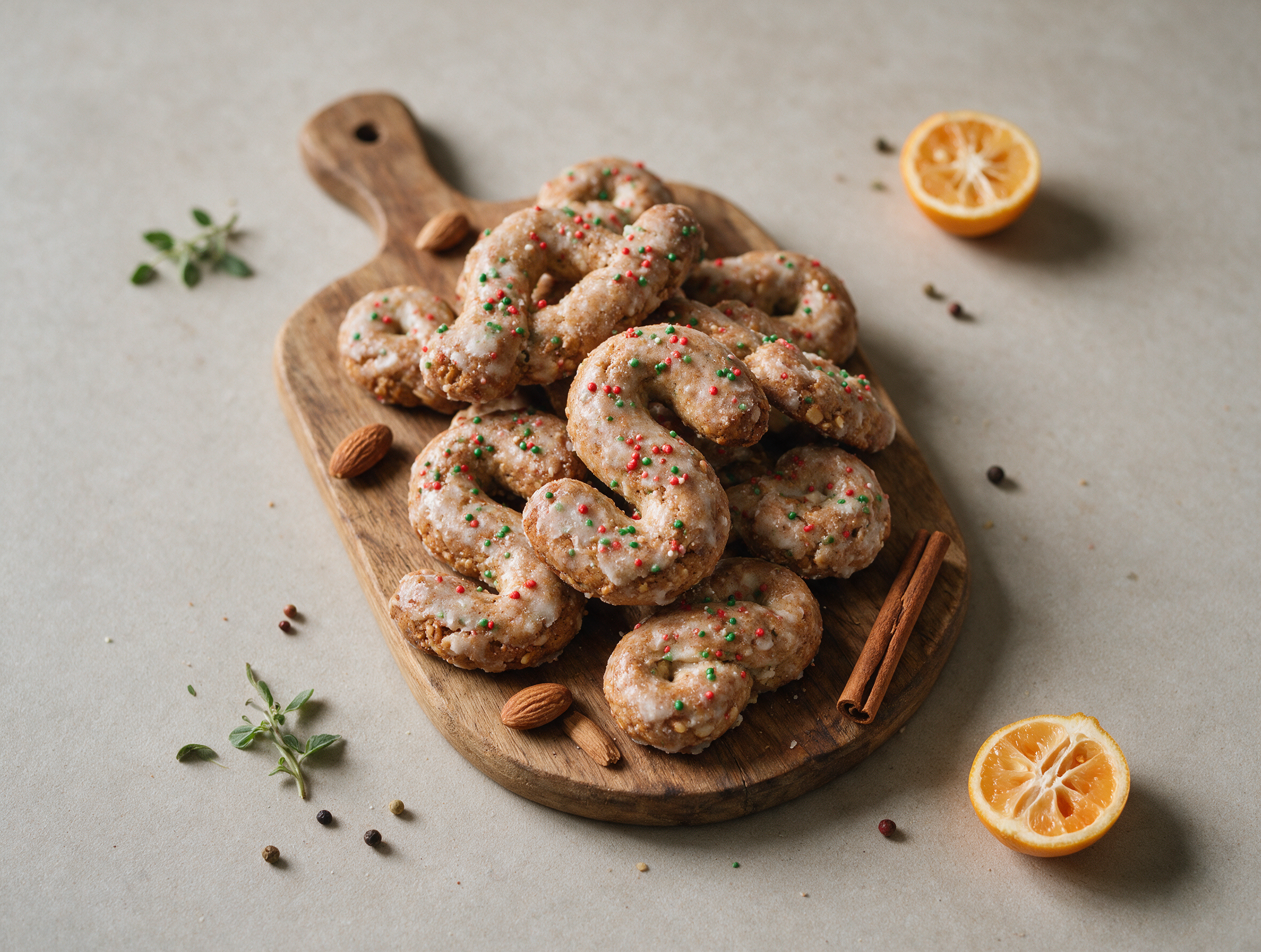 Glazed susamielli cookies in S and knot shapes stacked on a wooden board with sugar glaze and red-green sprinkles visible