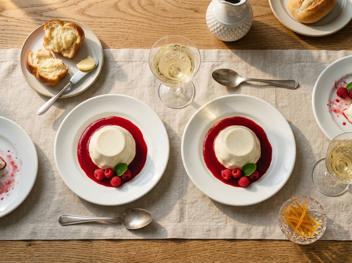 Two panna cotta ramekins on a linen napkin with spoons and a glass of dessert wine at a wooden table