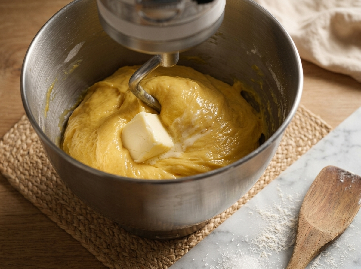 Stand mixer kneading glossy Pandoro dough with a cube of softened butter still being absorbed into the crumb