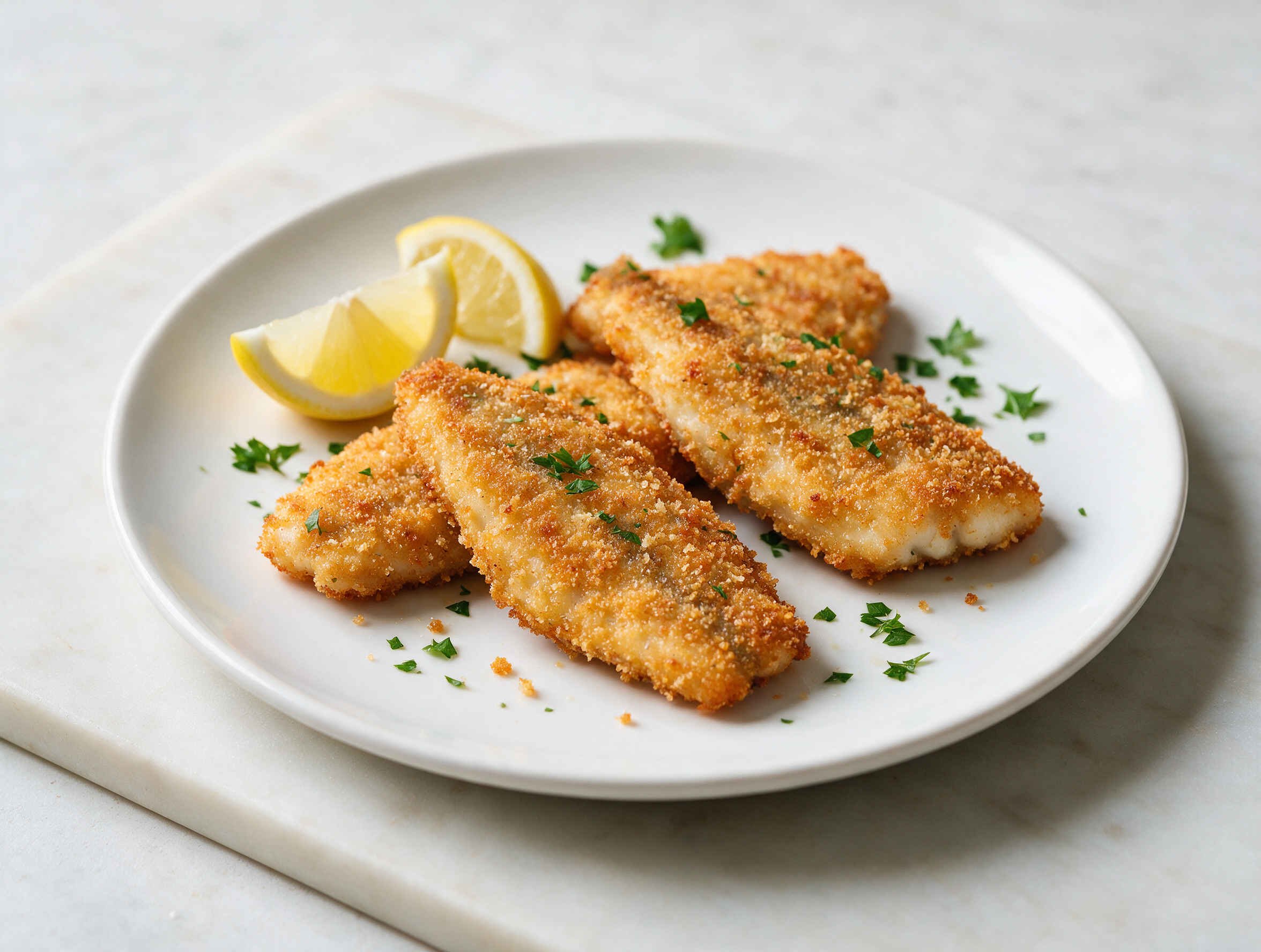 Golden breaded perch fillets on a white plate with lemon wedges and parsley, set on a pale marble counter