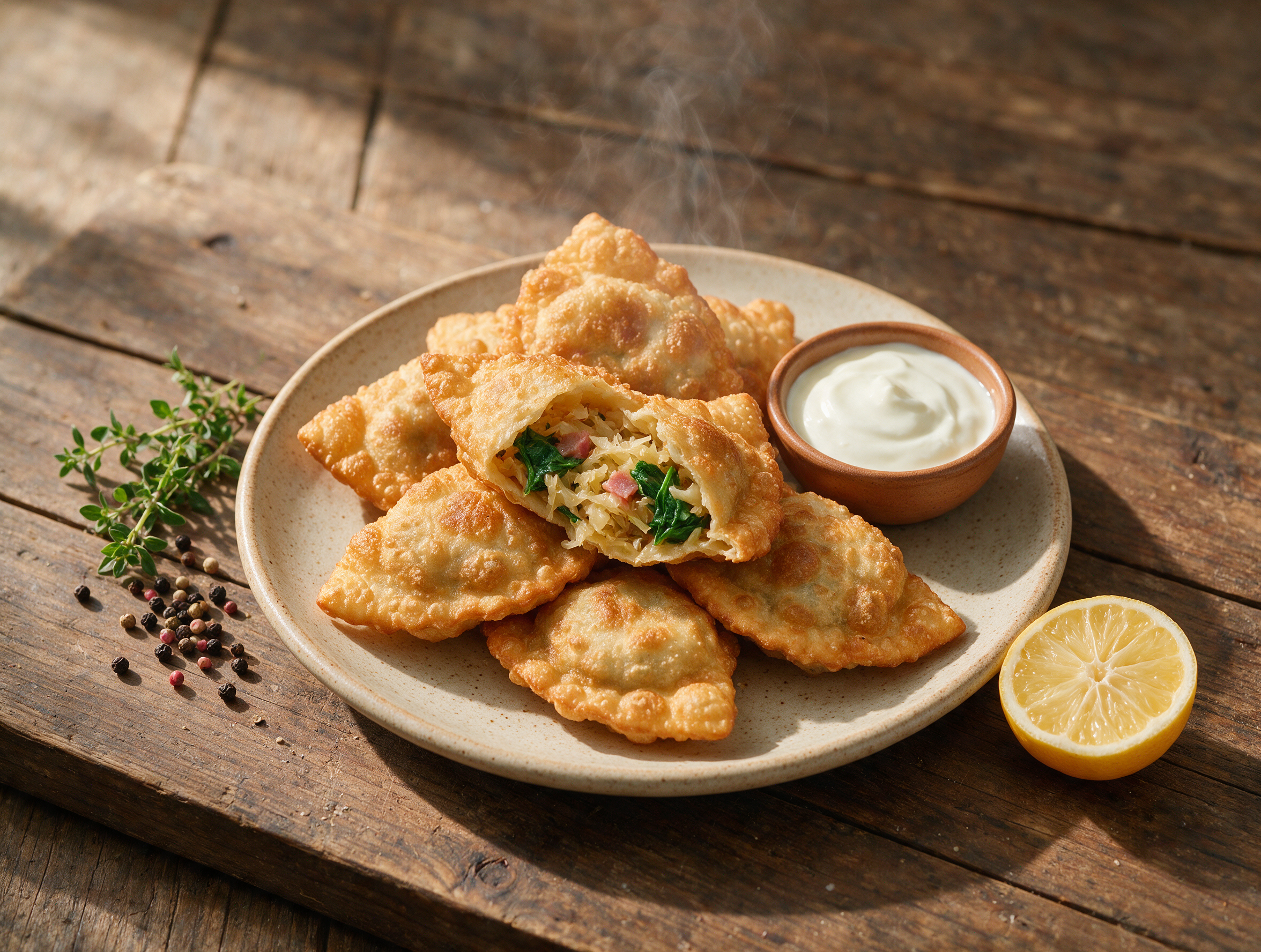 Golden fried Tirtlen Altoatesini stacked on a wooden board with one split open to show sauerkraut and spinach filling
