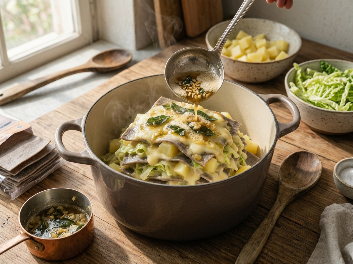 Cook ladling browned sage butter over layered pasta, potatoes, and cabbage inside a steaming stockpot on the stove