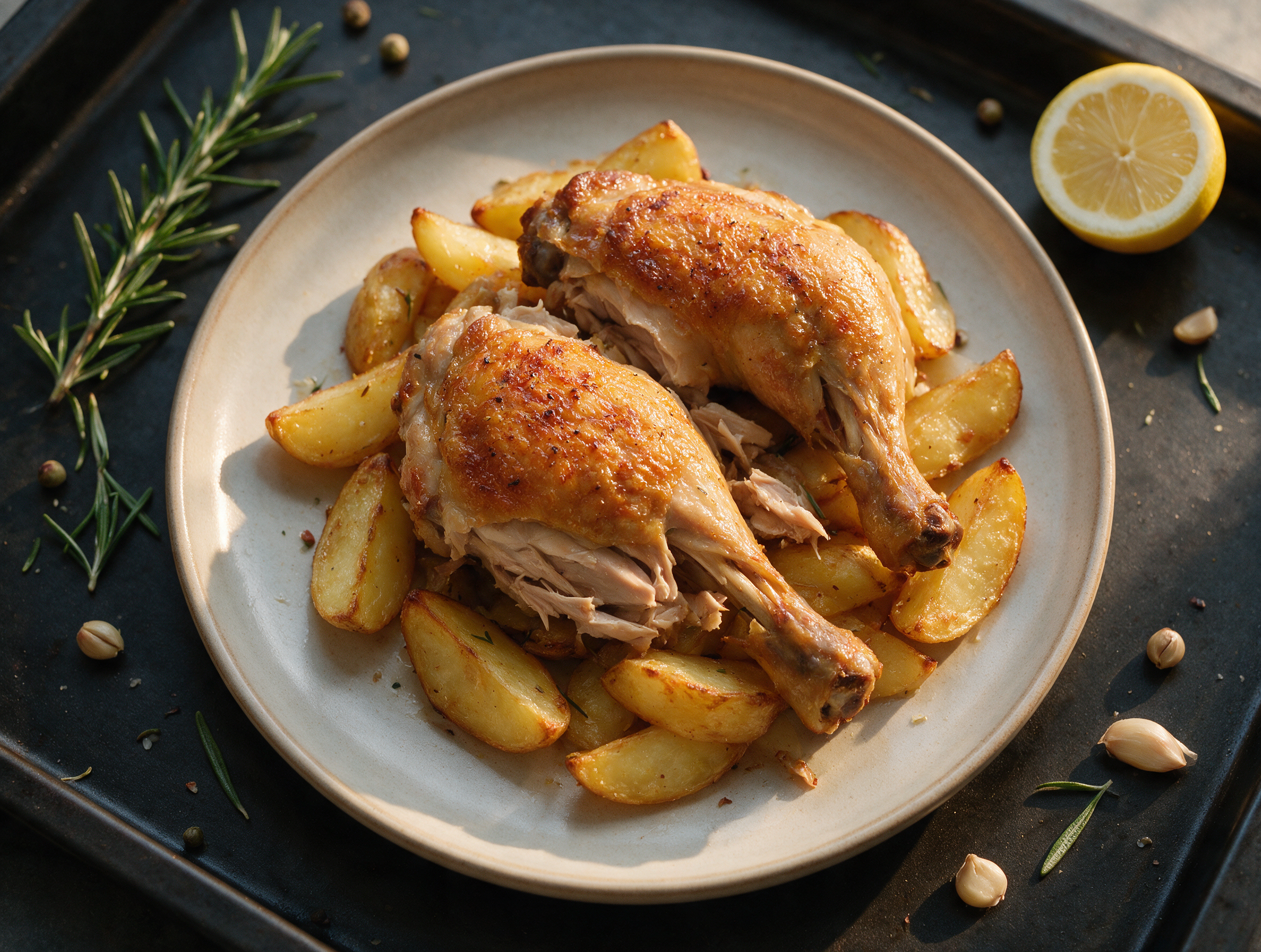 Golden-skinned chicken leg quarters over crisped potato wedges, lemon wedges and rosemary scattered on a dark sheet pan.