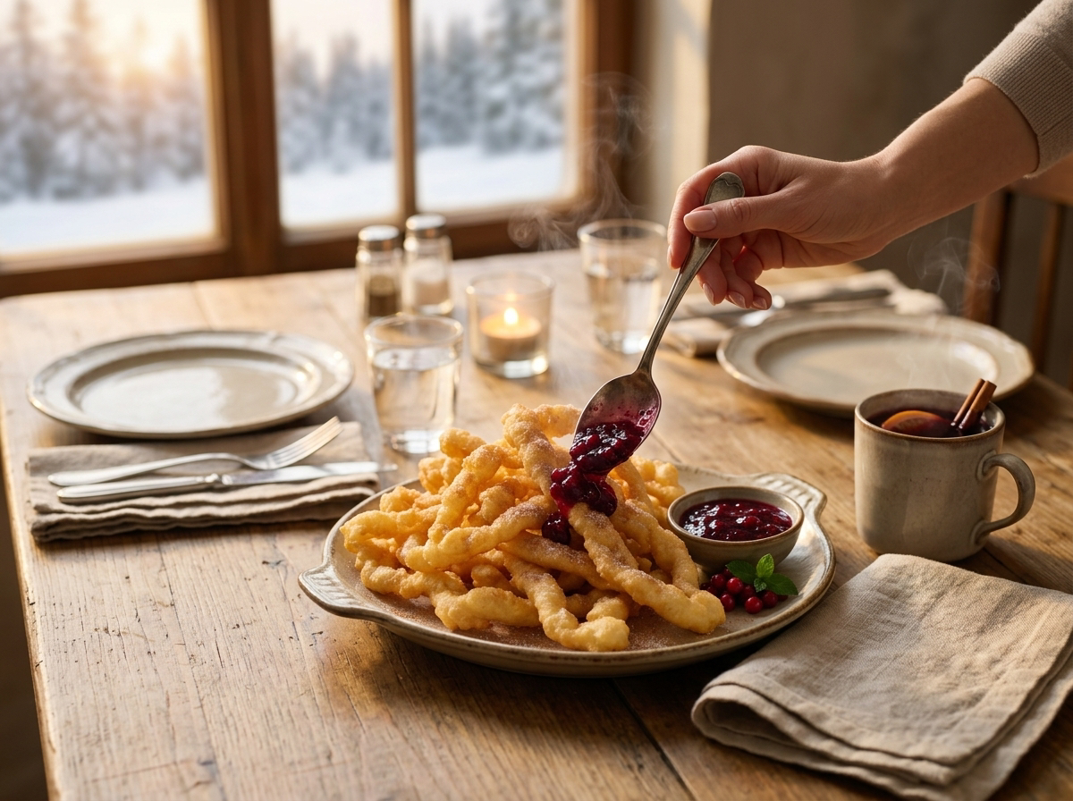 A woman spooning lingonberry jam over warm Strauben Tirolesi at a rustic wooden kitchen table with steam rising.