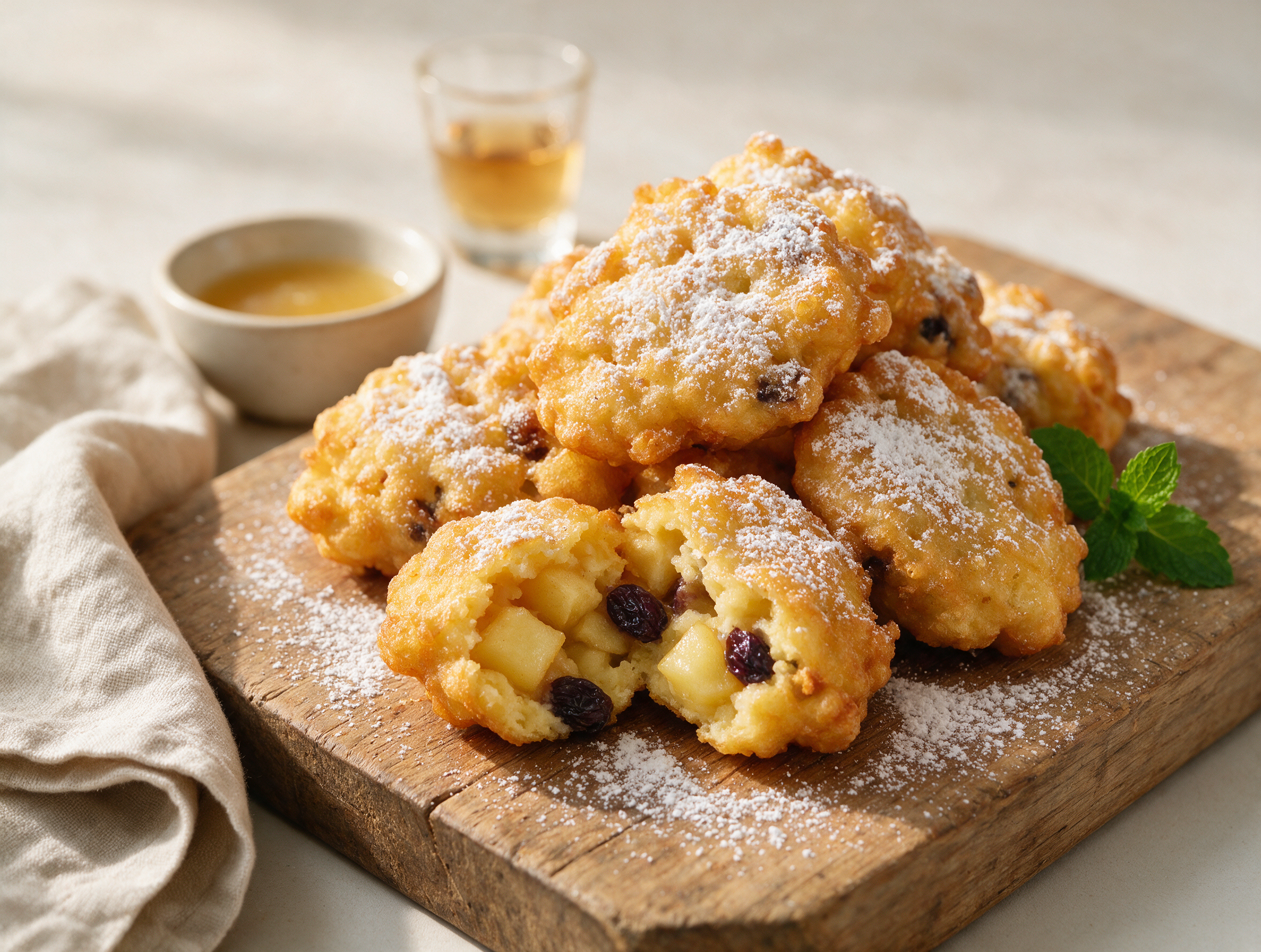 Golden apple raisin grappa fritters dusted with powdered sugar, stacked on a rustic wooden board with one broken open