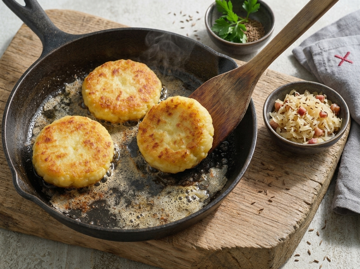 Potato patties sizzling in browned butter in a cast-iron skillet, edges crisping to a deep gold as they fry