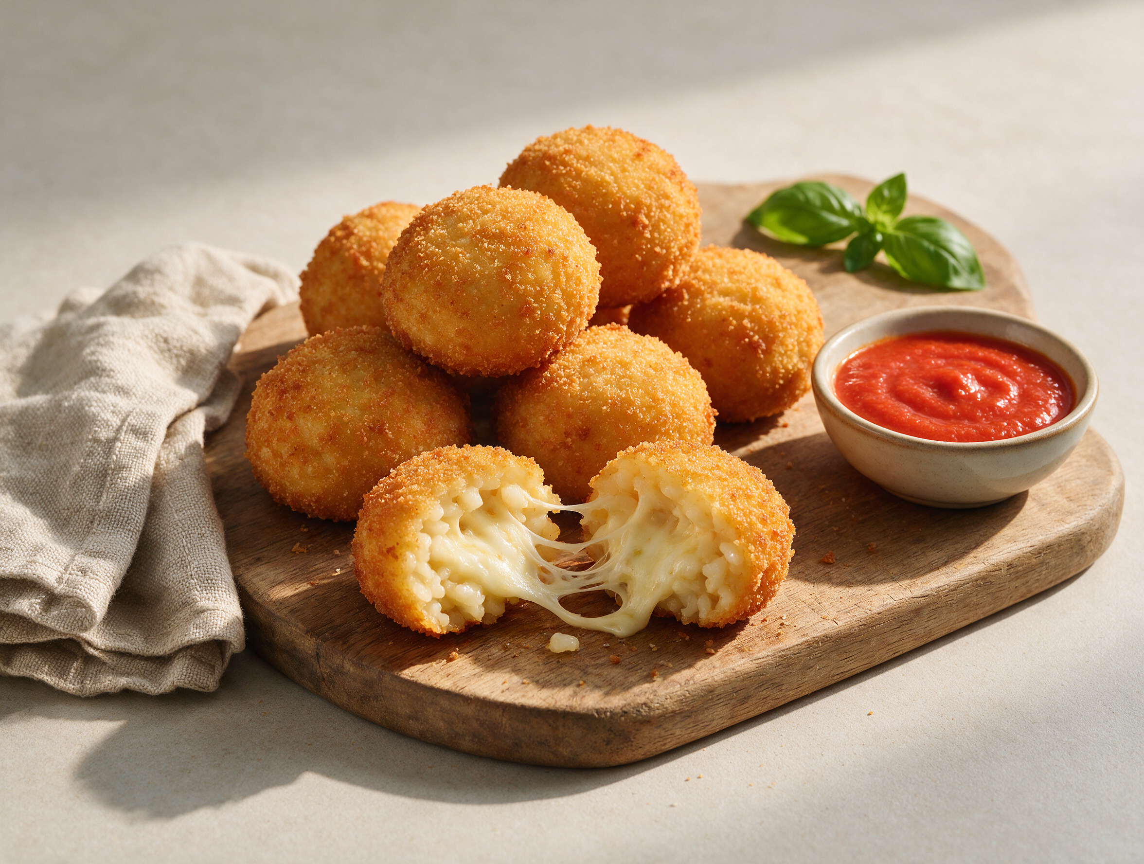 Golden crocchette di riso stacked on a wooden board with one cut open showing stretchy melted mozzarella inside