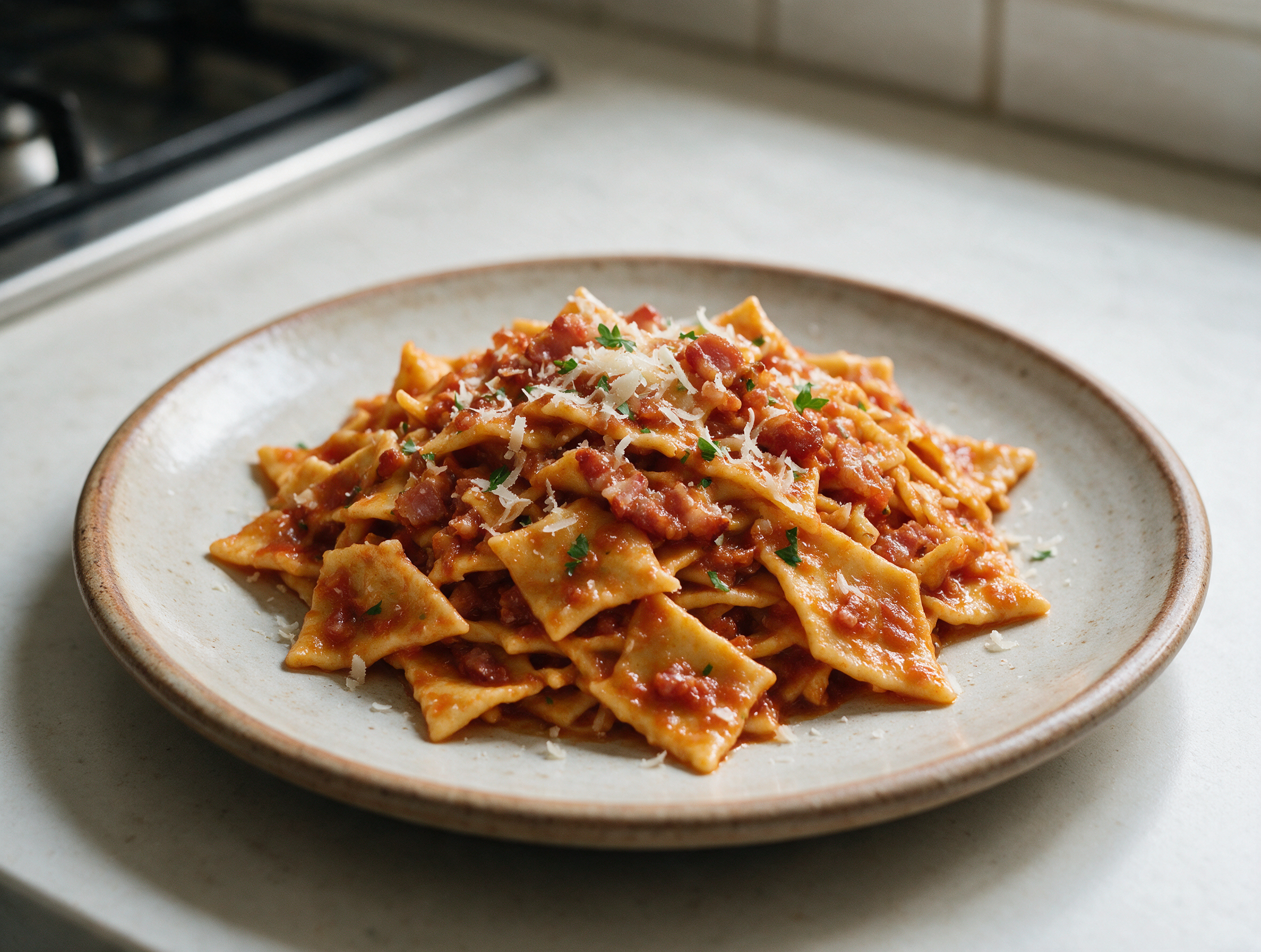 Torn fregnacce pasta rags coated in pancetta-tomato sauce, topped with pecorino shavings on a rustic ceramic plate
