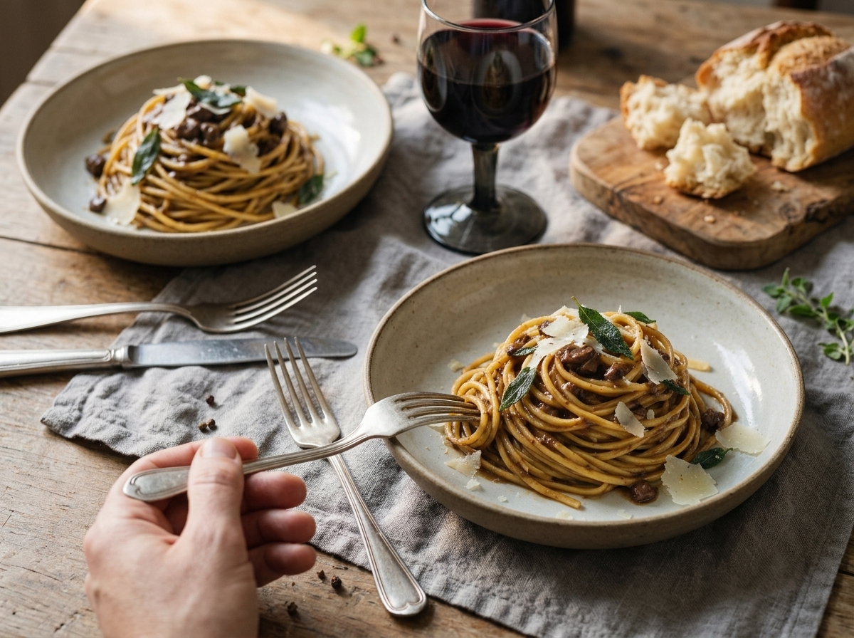 Two rustic bowls of tagliolini ai fegatini on a linen-draped wooden table beside a glass of Chianti and crusty bread
