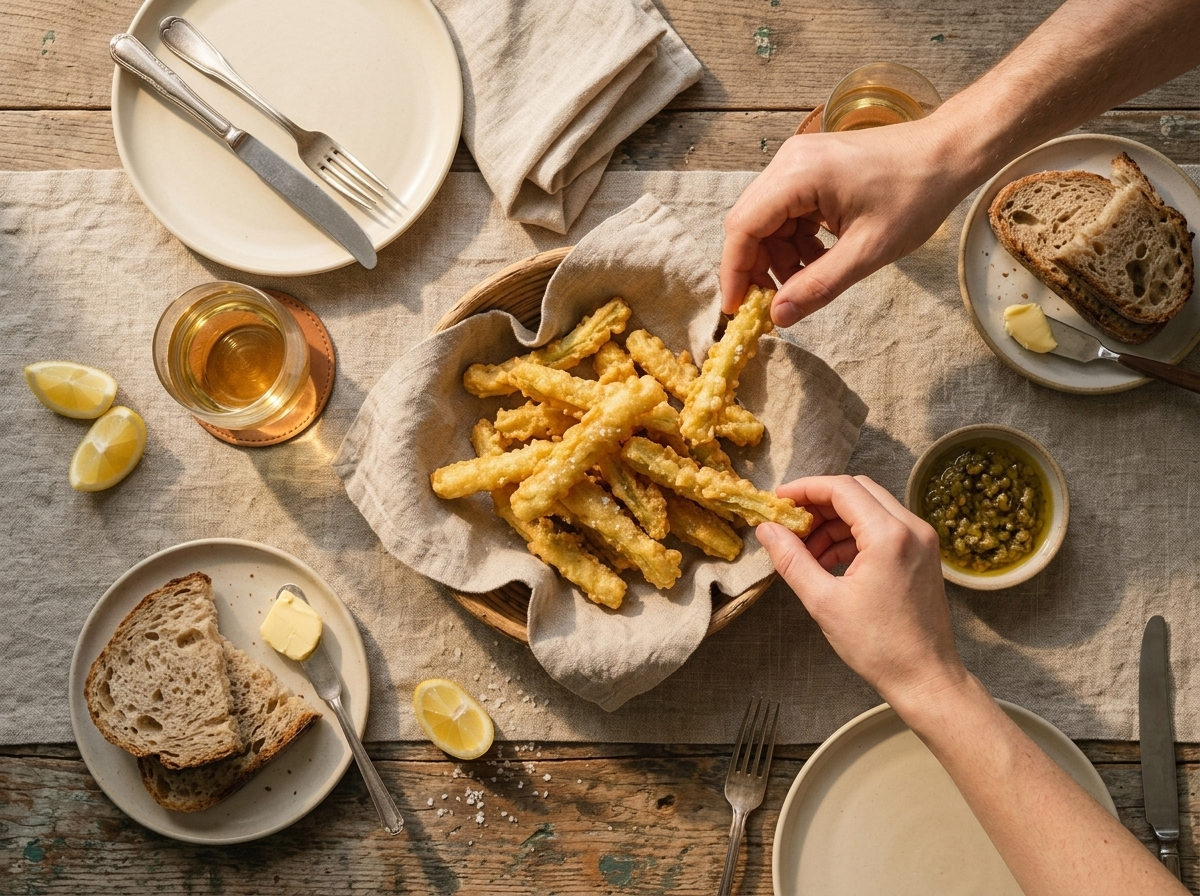 Hands reaching for crisp cardi fritti from a linen-lined basket next to a glass of white wine on a rustic table.