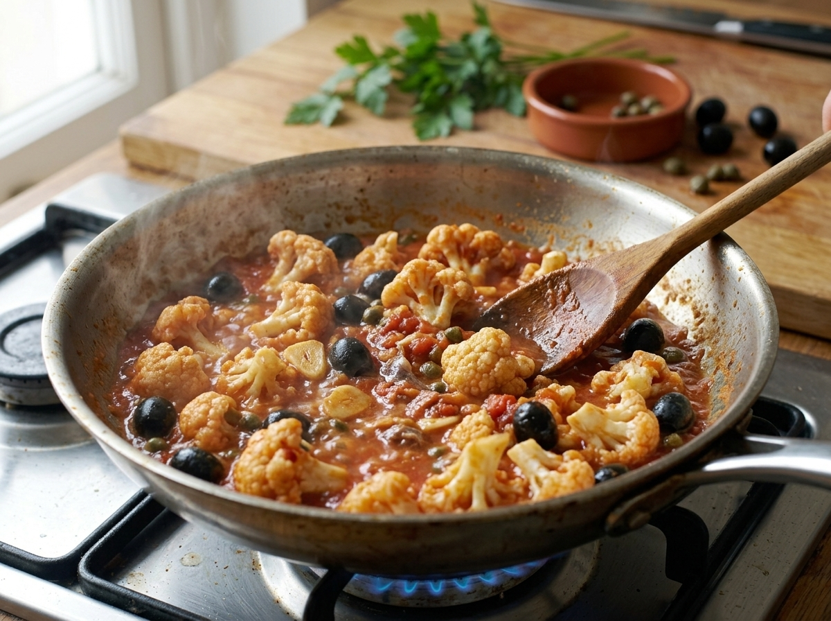 Cauliflower florets simmering in a wine and tomato sauce in a stainless skillet, steam rising, wooden spoon stirring.
