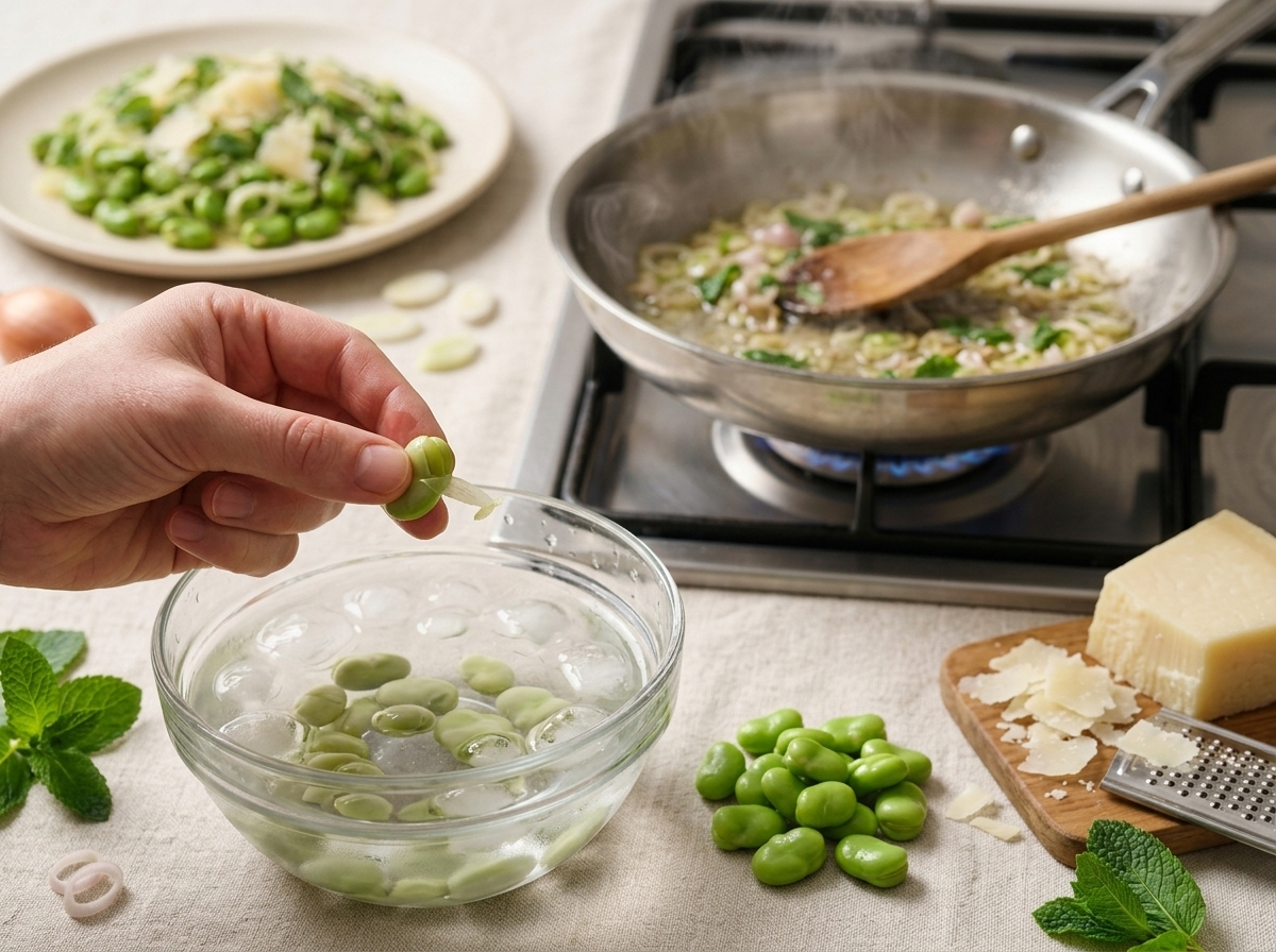 Hands peeling skin off a blanched fava bean over ice water, pecorino block resting nearby on a wooden board.