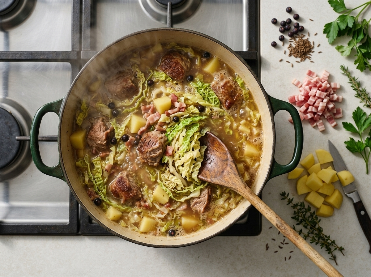 Dutch oven of pork shoulder chunks and sliced savoy cabbage simmering in golden broth, wooden spoon stirring the pot