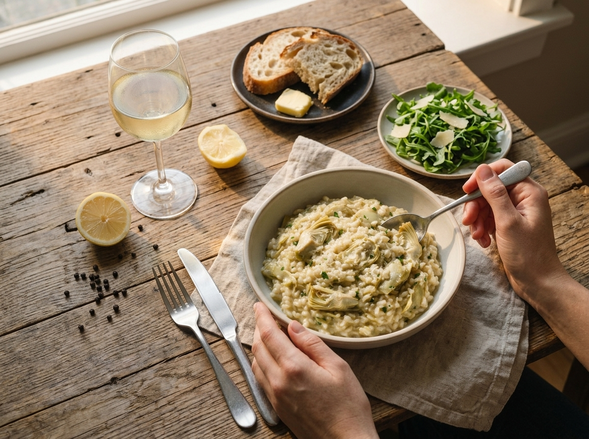Table set with a bowl of artichoke risotto, a glass of white wine, and linen napkin in warm afternoon light
