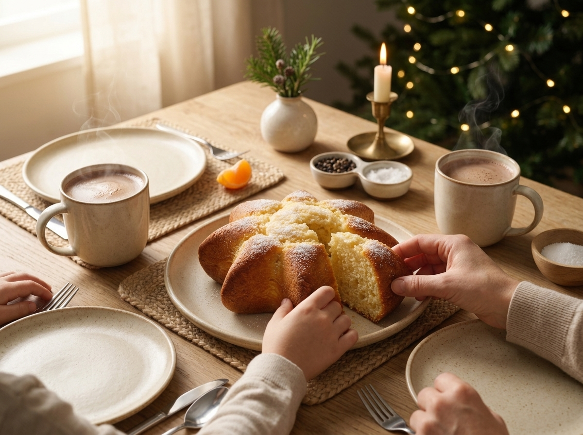 Family reaching for Pandoro wedges at a holiday breakfast table with mugs of hot chocolate and string lights