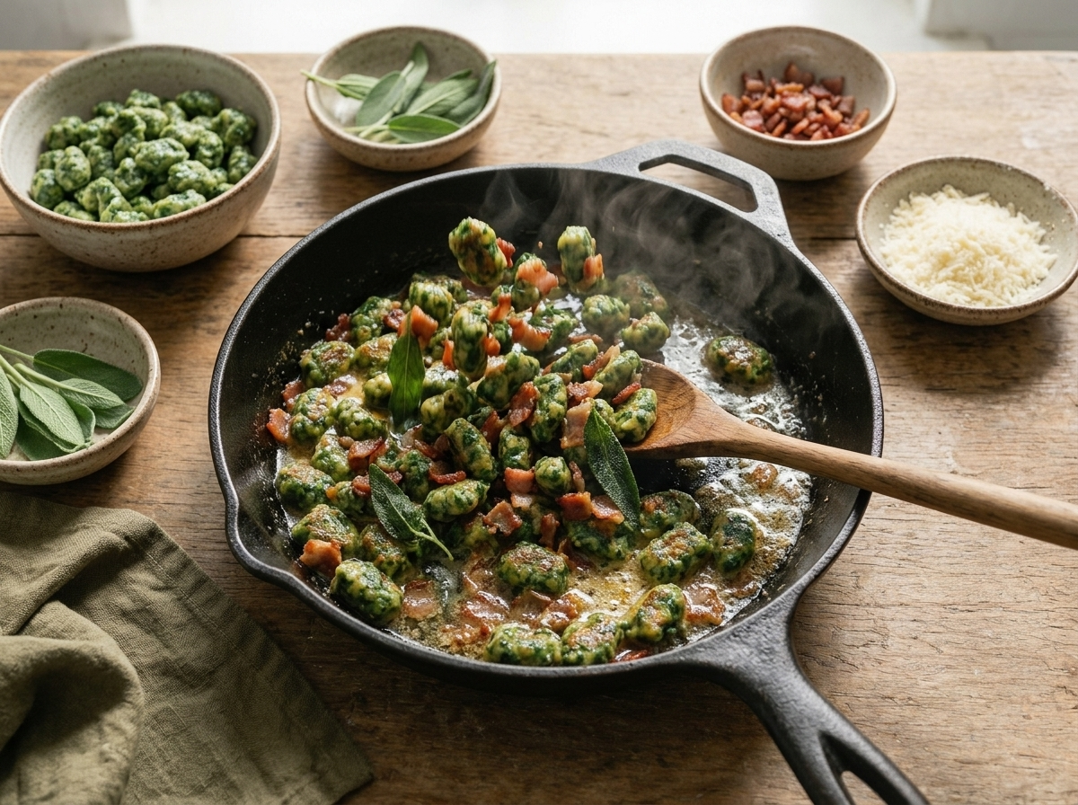 Spinach spätzle tossing in a cast iron skillet with crisp speck, melted butter, and fresh sage leaves