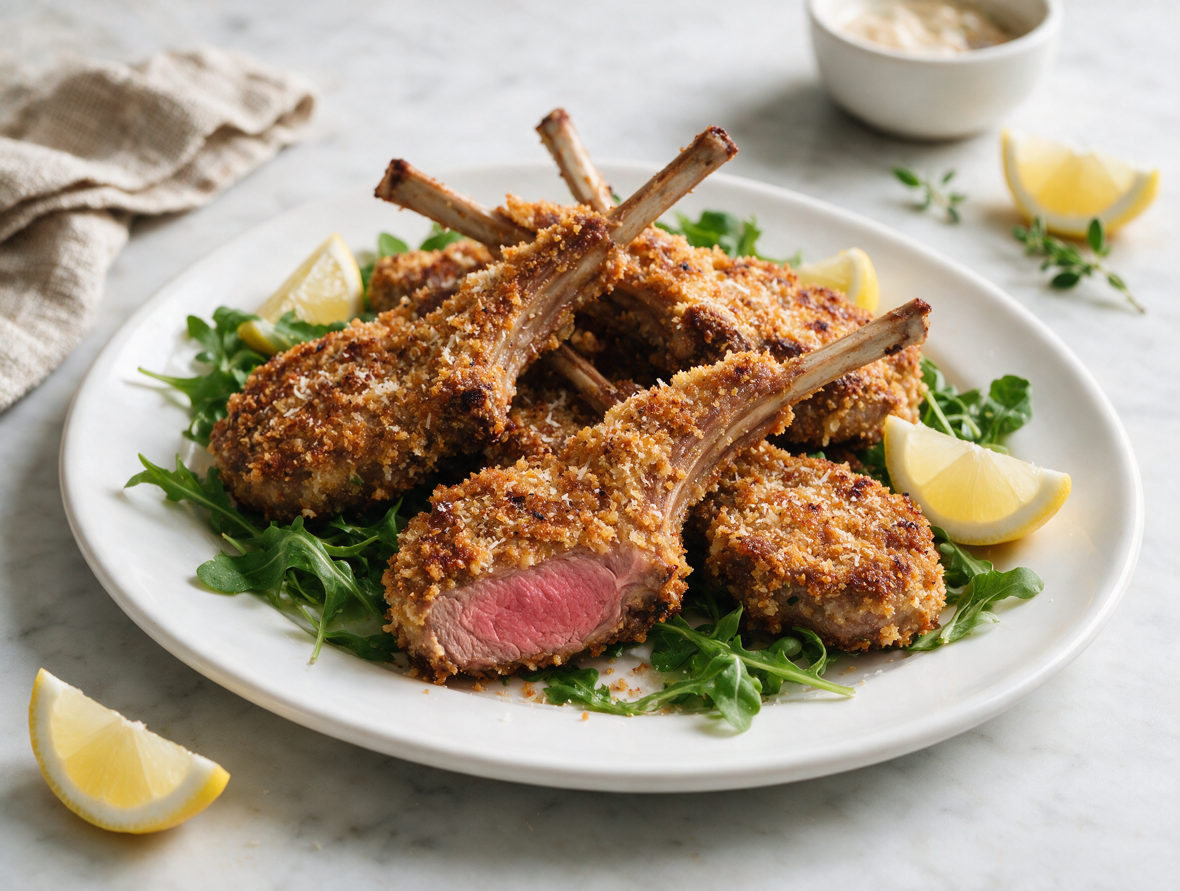 Golden parmesan breaded lamb chops stacked on a white platter with lemon wedges and arugula on a marble counter
