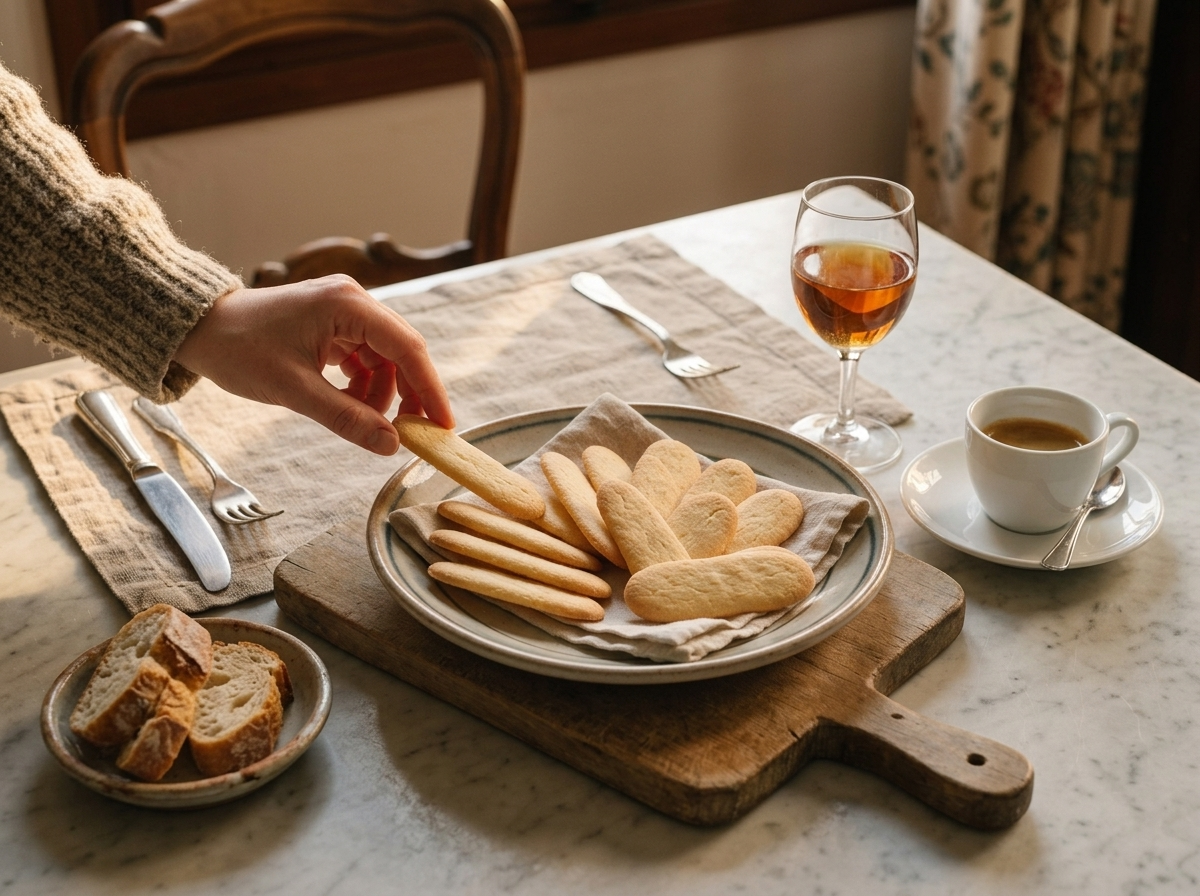Small plate of baicoli biscuits beside a glass of sweet wine and coffee cup on a marble table in warm light