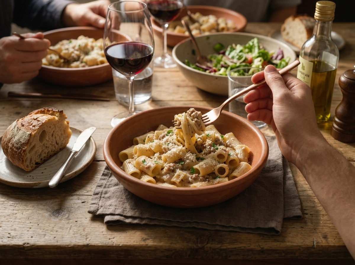 Hands twirling Pasta alla Norcina with a fork beside crusty bread and a glass of red wine at a rustic table.