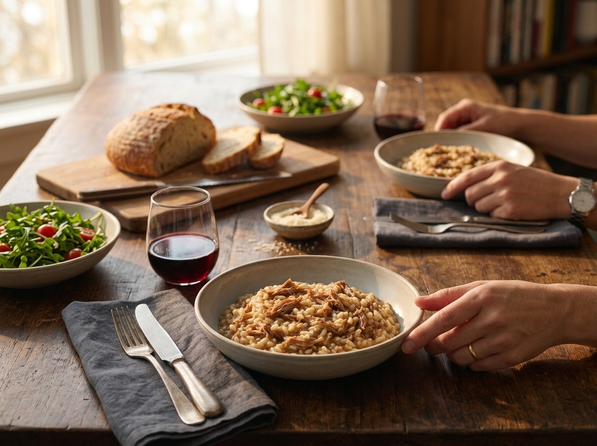 Two bowls of pork and cinnamon risotto on a rustic table beside a glass of red wine and crusty bread