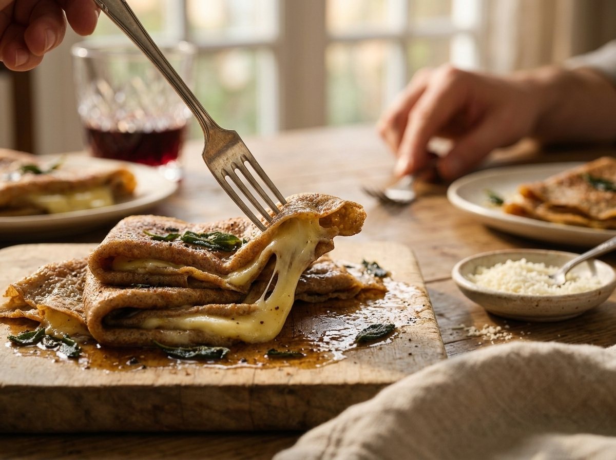 Two plates of manfrigole della Valtellina on a farmhouse table beside a glass of red wine