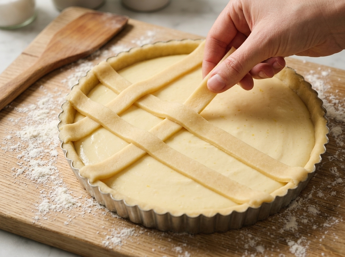 Hands weaving pastry strips into a lattice over pale ricotta filling inside a fluted tart pan on a floured board.