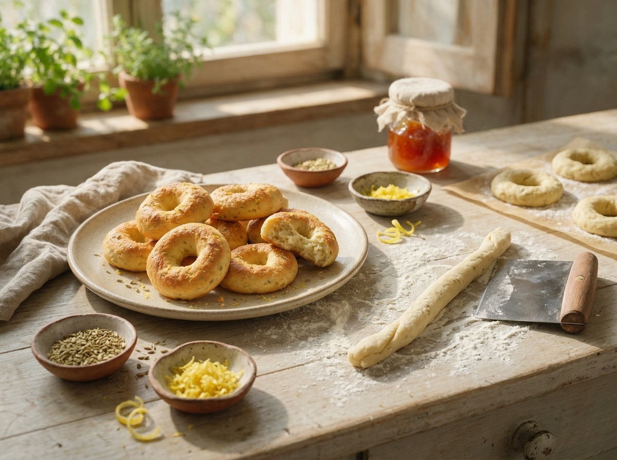 Hands shaping a rope of enriched dough into a ring on a floured counter, unbaked rings lined up on a sheet pan.
