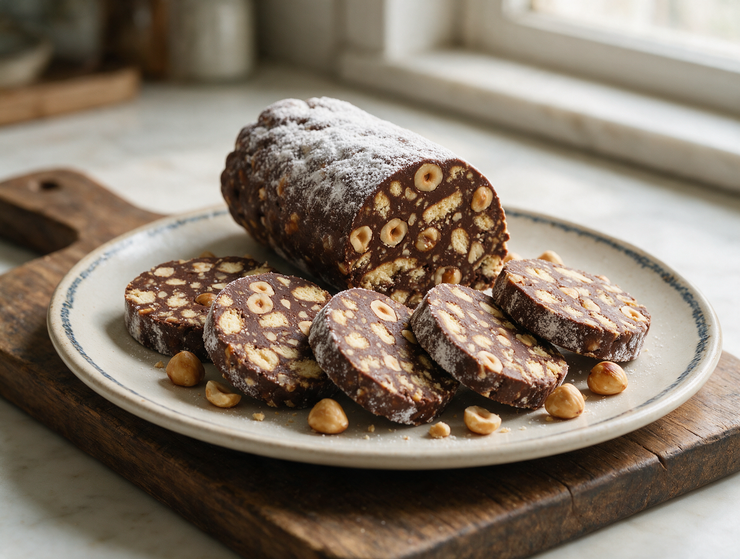 Sliced salame di cioccolato rounds dusted with powdered sugar, fanned out on a dark wood board with an espresso cup nearby.