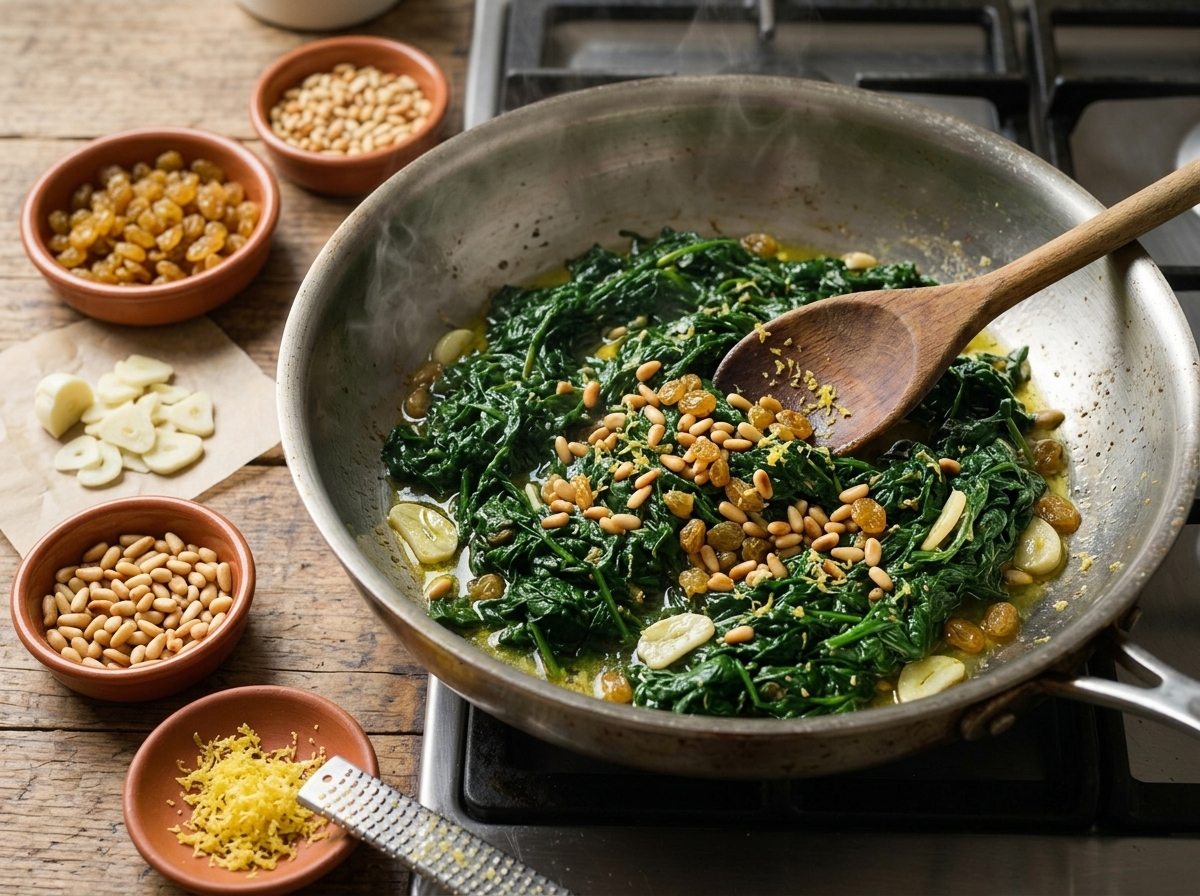 Wooden spoon stirring wilted spinach with sliced garlic and pine nuts in a hot stainless skillet, steam rising from the pan.