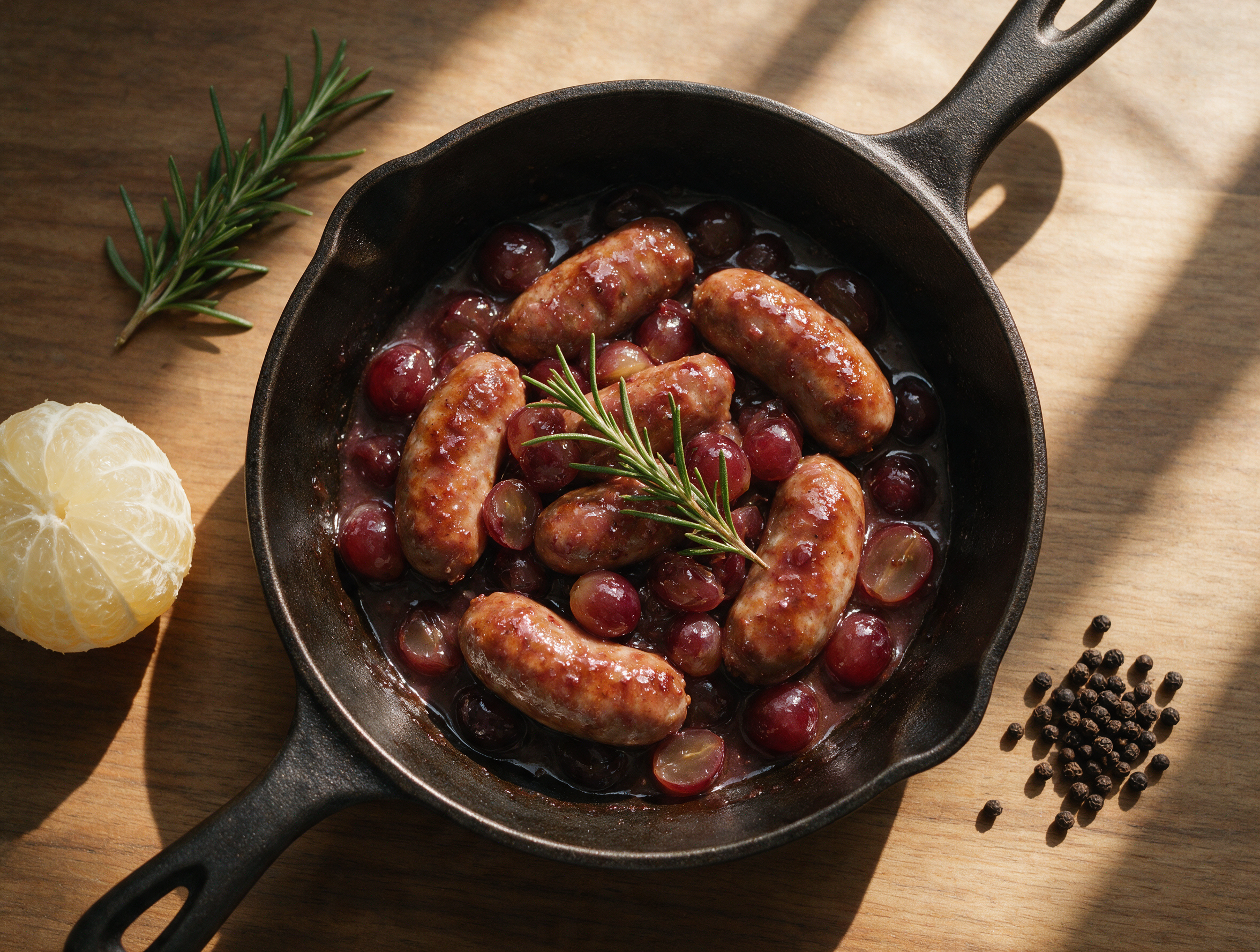 Seared pork sausages nestled in glossy grapes and pan sauce, served in a dark skillet on a wood table.