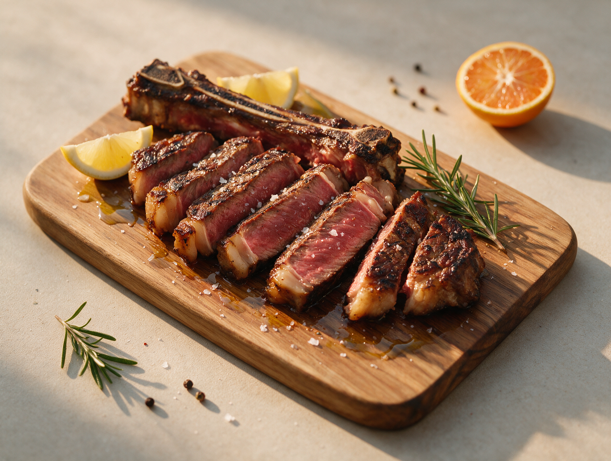 Sliced costata alla griglia fanned on a wooden board with charred crust, flaky salt and lemon wedges under warm light