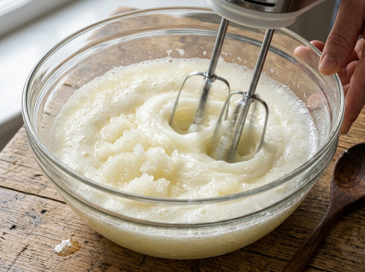 Hand mixer whisking frozen lemon sorbet and prosecco together in a glass bowl, pale foam building around the beaters