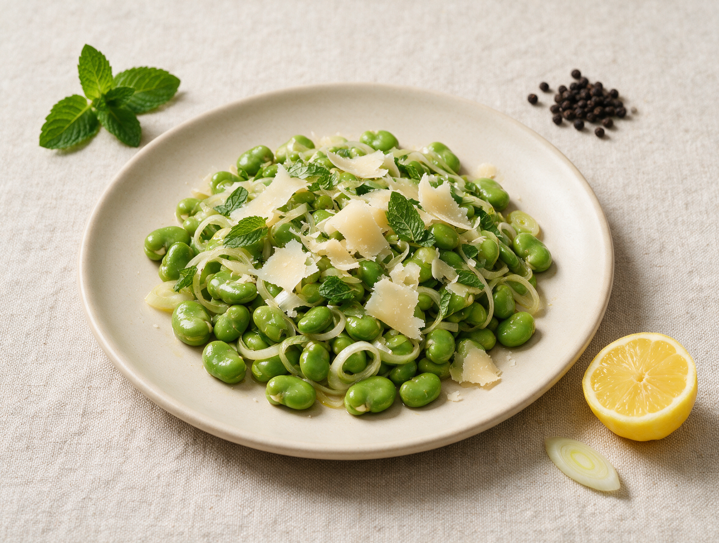 Overhead plate of sauteed fava beans with torn mint and shaved pecorino romano curls, drizzled with olive oil on a linen cloth