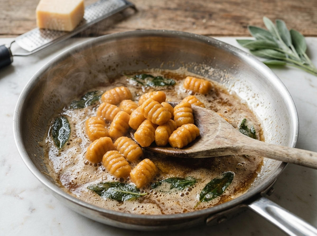 Sage leaves sizzling in browned butter in a stainless skillet while a wooden spoon tosses in freshly boiled gnocchi.