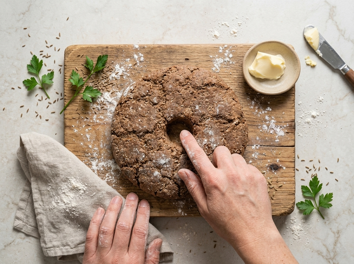 Hands shaping rye dough into a flat round and poking a center hole on a flour-dusted wooden counter.