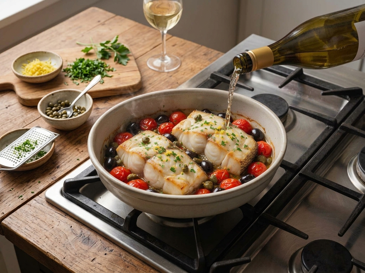 Raw grouper fillets being nestled skin side down into a bed of halved tomatoes and sliced garlic before baking