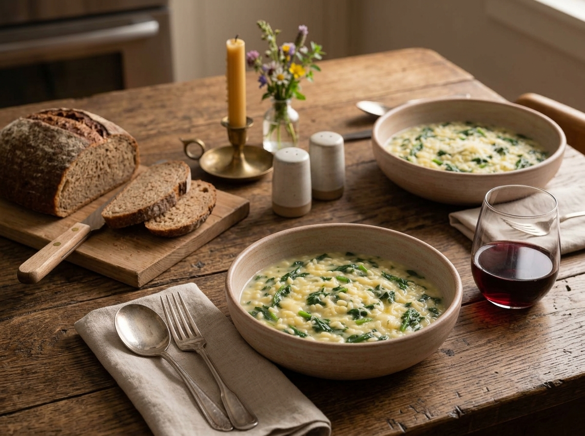 Two rustic bowls of Ris e Revertis on a wooden table with rye bread and a glass of red wine nearby.