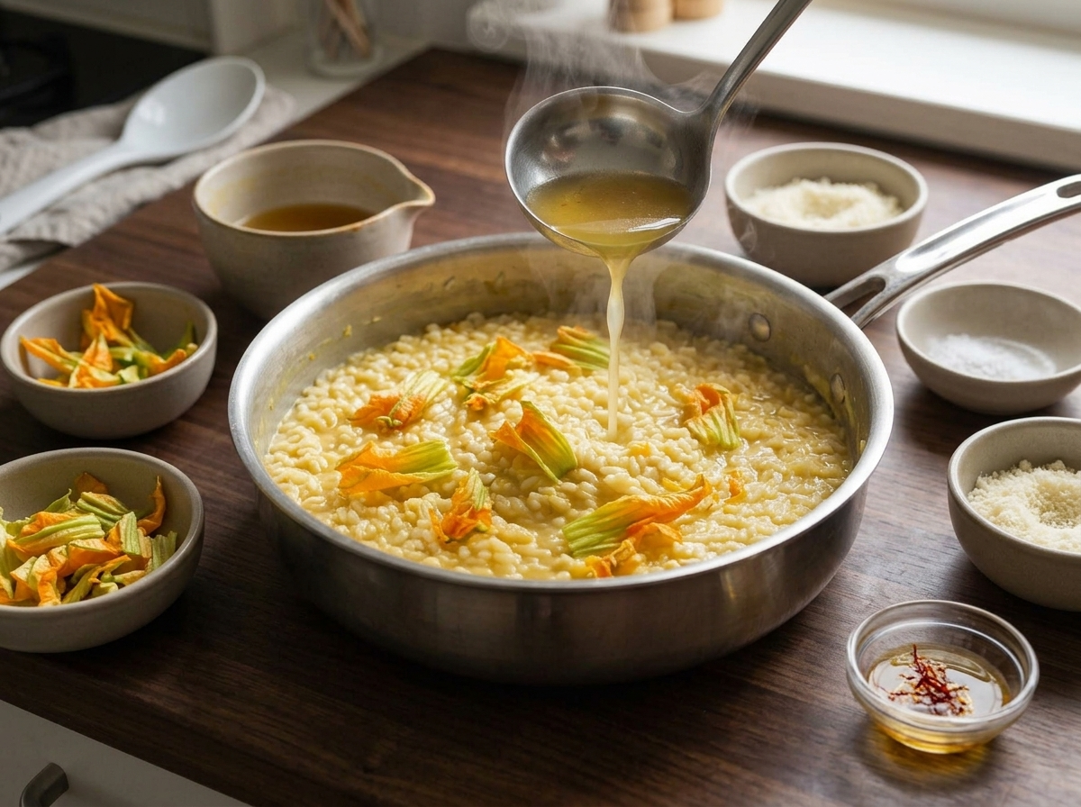 Wooden spoon stirring pale gold saffron risotto in a wide pan while hot broth is ladled in and blossoms float on top.