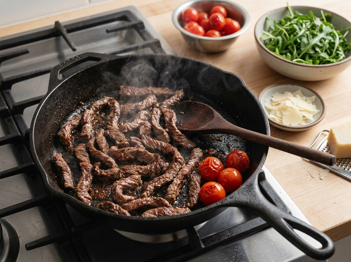 Thin beef strips browning and curling in a hot cast-iron skillet with visible sear marks and rising steam
