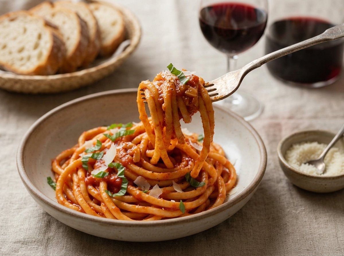 Two people twirl pici onto forks at a linen-set table, a glass of Chianti and crusty bread within reach