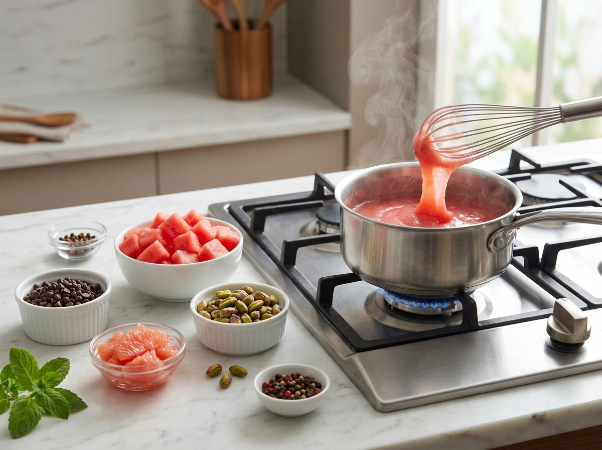 Whisk stirring thick pink watermelon mixture in a saucepan on the stovetop as it starts to bubble and set