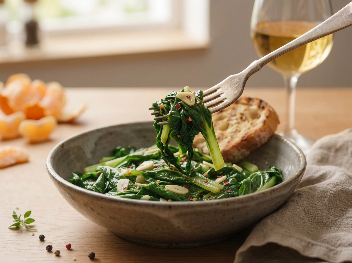 Rustic bowl of sauteed chard on a linen-covered table next to grilled bread and a glass of white wine