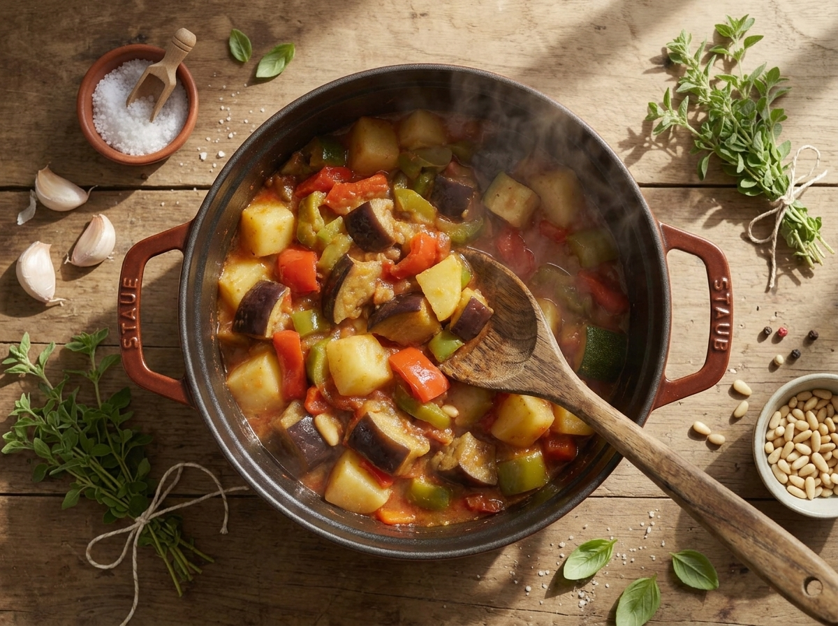 Close-up of vegetables simmering in a tomato sauce inside a heavy pot, steam rising as a wooden spoon stirs