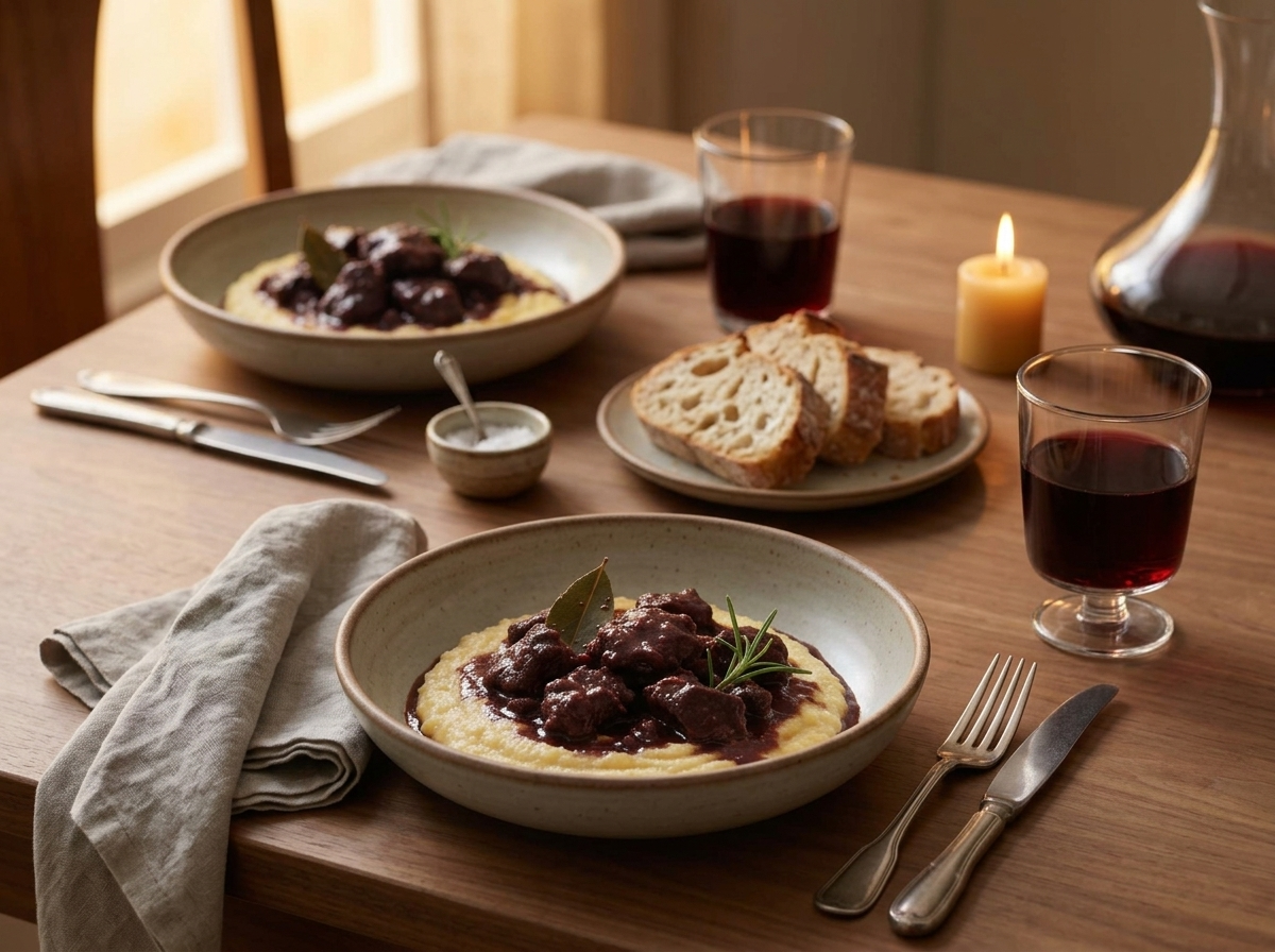 Two rustic bowls of capriolo in salmi with polenta on a linen-topped table, glass of red wine alongside.