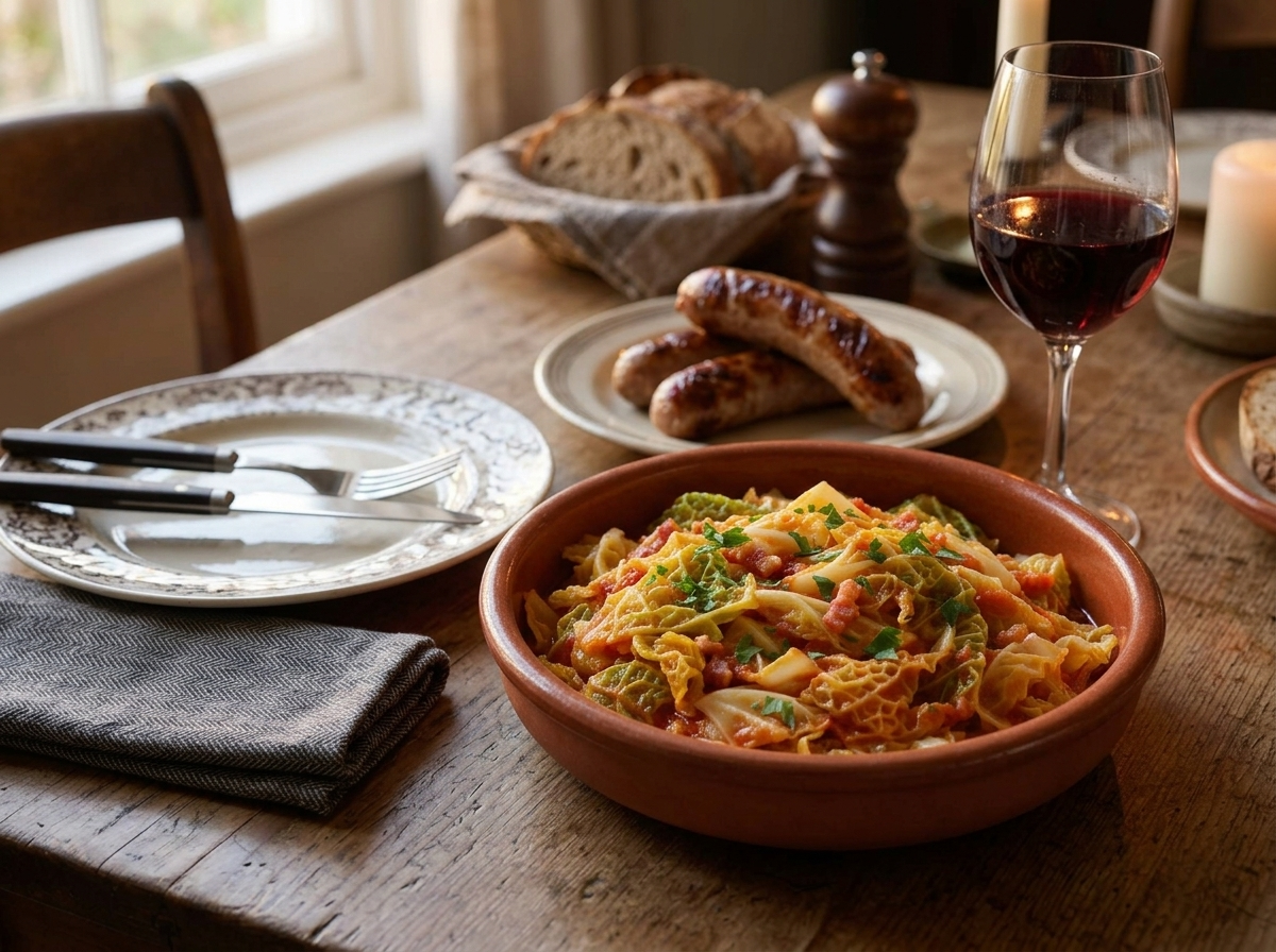 Kitchen table set with a linen napkin, red wine glass, and a bowl of braised cabbage beside grilled sausage