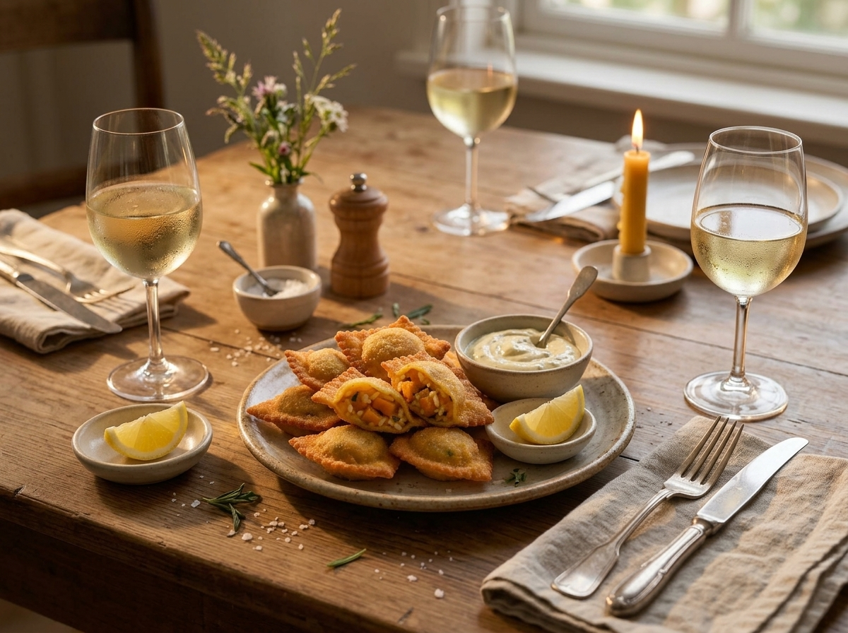 Two hands reaching for crisp barbagiuai on a rustic table set with a glass of white wine and linen napkin.