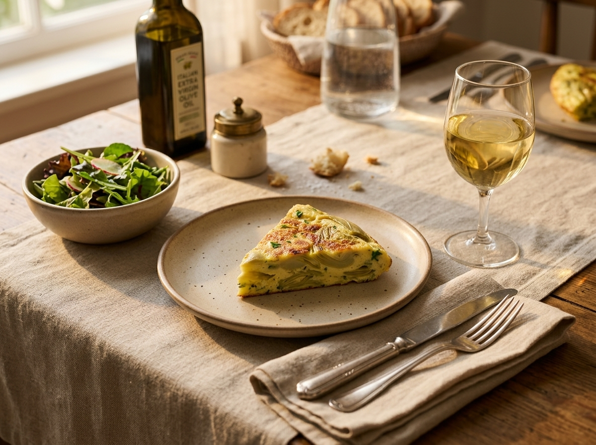 A wedge of artichoke frittata plated with a green salad and glass of white wine on a linen-covered table