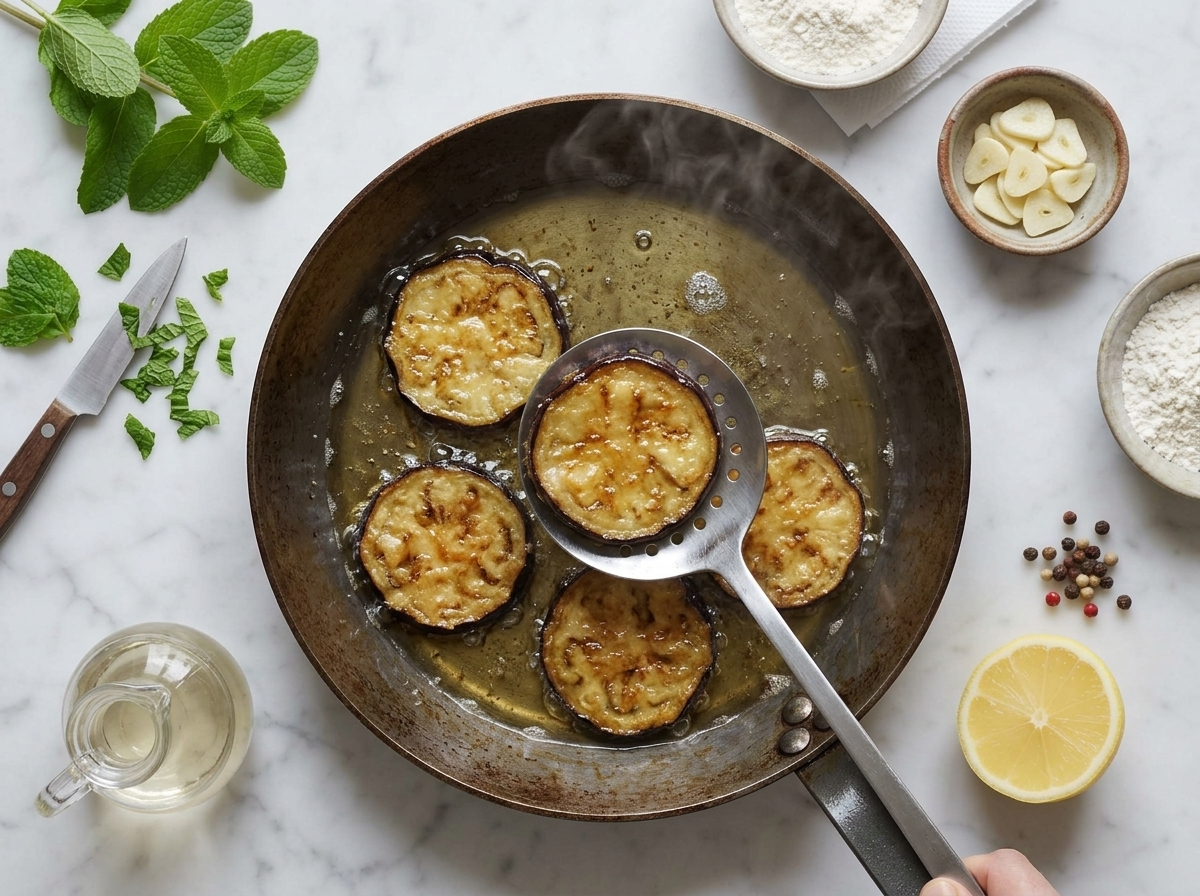 Eggplant rounds frying golden in a skillet of hot oil, a slotted spoon lifting one slice out to drain on paper towels