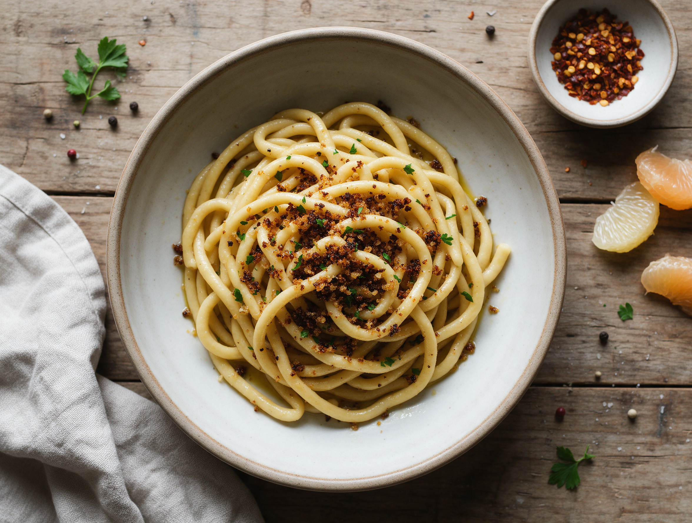 Wide bowl of thick pici pasta coated in garlic oil and topped with dark golden toasted breadcrumbs and parsley flecks