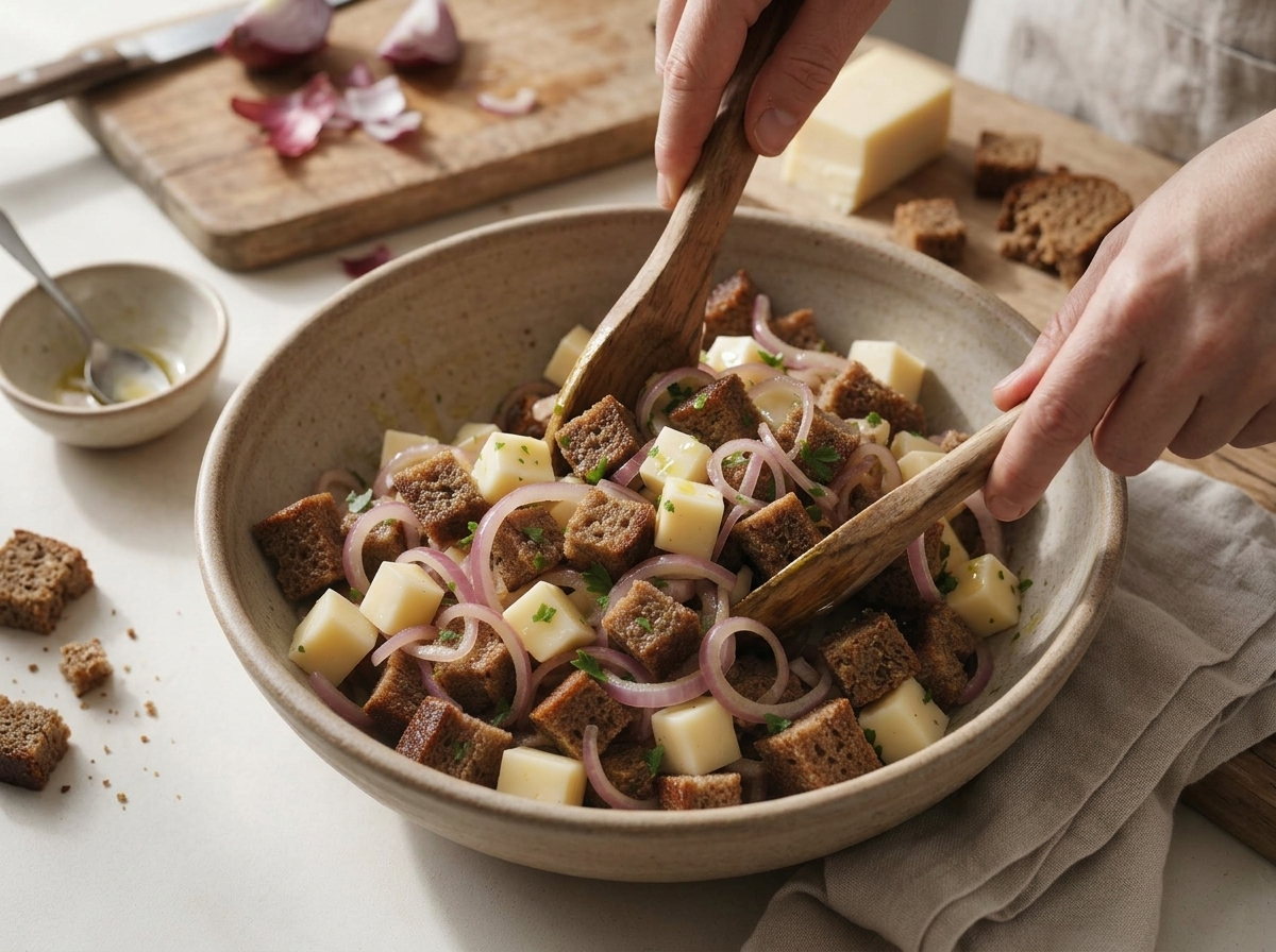 Hands tossing cubed rye bread and Casera cheese with sliced red onion in a ceramic mixing bowl.